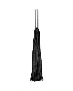 Ouch Long Leather Whip With Metal Grip - Black - Long