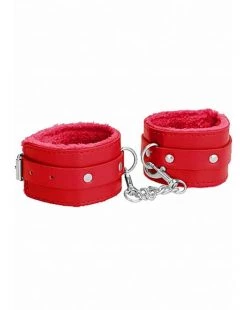 Shots Toys Ouch! Plush Leather Hand Cuffs - Red - One Size
