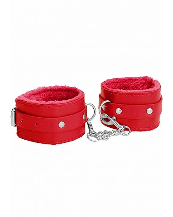 Shots Toys Ouch! Plush Leather Hand Cuffs - Red - One Size
