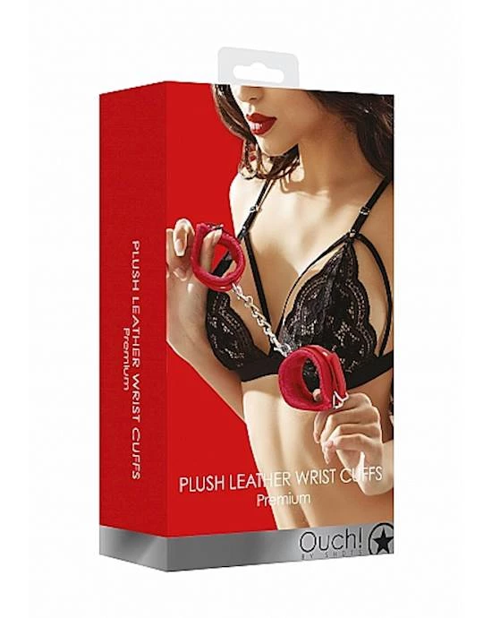 Shots Toys Ouch! Plush Leather Hand Cuffs - Red - One Size - Image 2