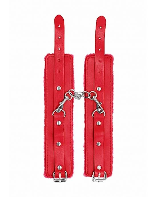 Shots Toys Ouch! Plush Leather Hand Cuffs - Red - One Size - Image 3