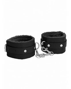 Shots Toys Ouch! Plush Leather Ankle Cuffs - Black - One Size