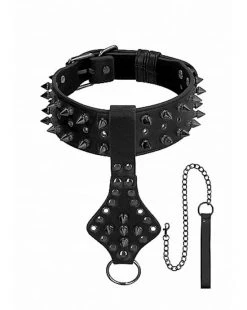 Shots Toys Ouch! Skulls And Bones - Neck Chain With Spikes & Leash - Black - One Size