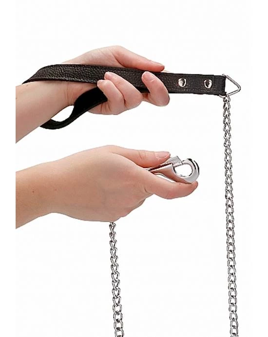 Shots Toys Leather Handle Chain Lead- Black - Black - Image 3