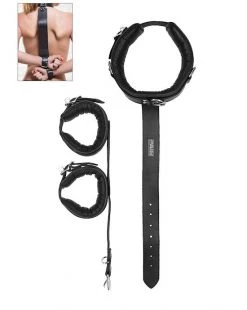 Shots Toys Long Fist Neck And Wrist Cuffs - Black - One Size